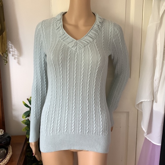 Eddie Bauer Cableknit sweater hourglass mint green v neck pullover XS - Picture 6 of 13